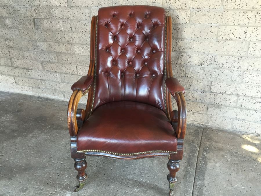 Antique Maroon Tufted Leather Chair On Casters