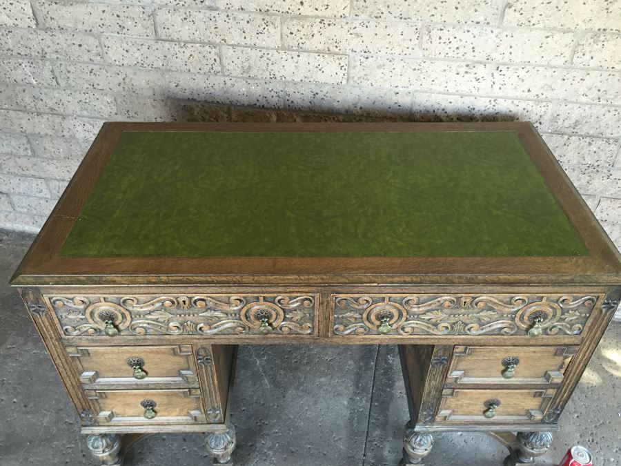 Antique Carved Wood Leather Top Desk With Brass Pulls [Photo 7]