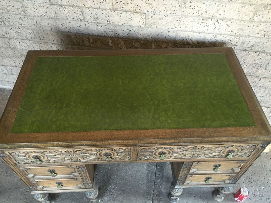 Antique Carved Wood Leather Top Desk With Brass Pulls [Photo 8]
