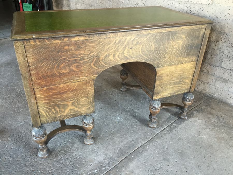 Antique Carved Wood Leather Top Desk With Brass Pulls [Photo 15]