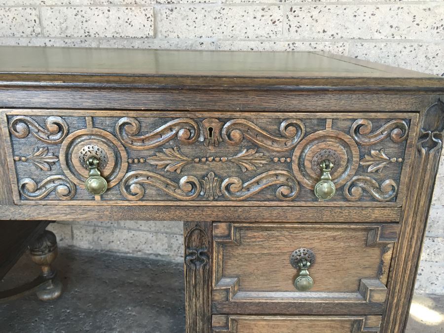 Antique Carved Wood Leather Top Desk With Brass Pulls [Photo 9]