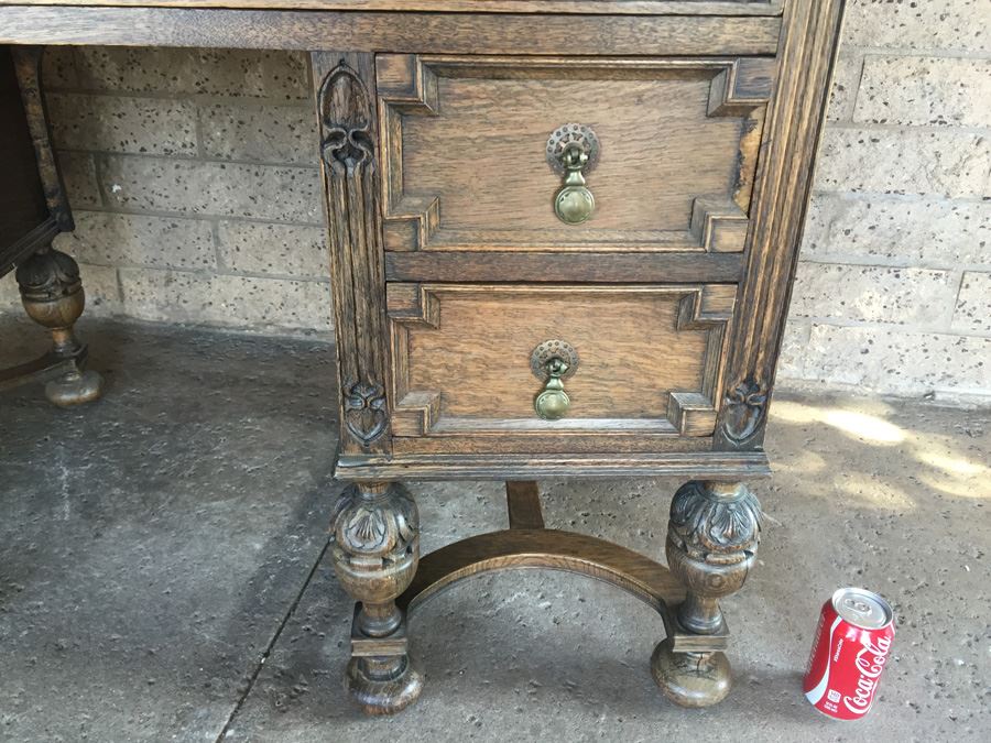 Antique Carved Wood Leather Top Desk With Brass Pulls [Photo 10]