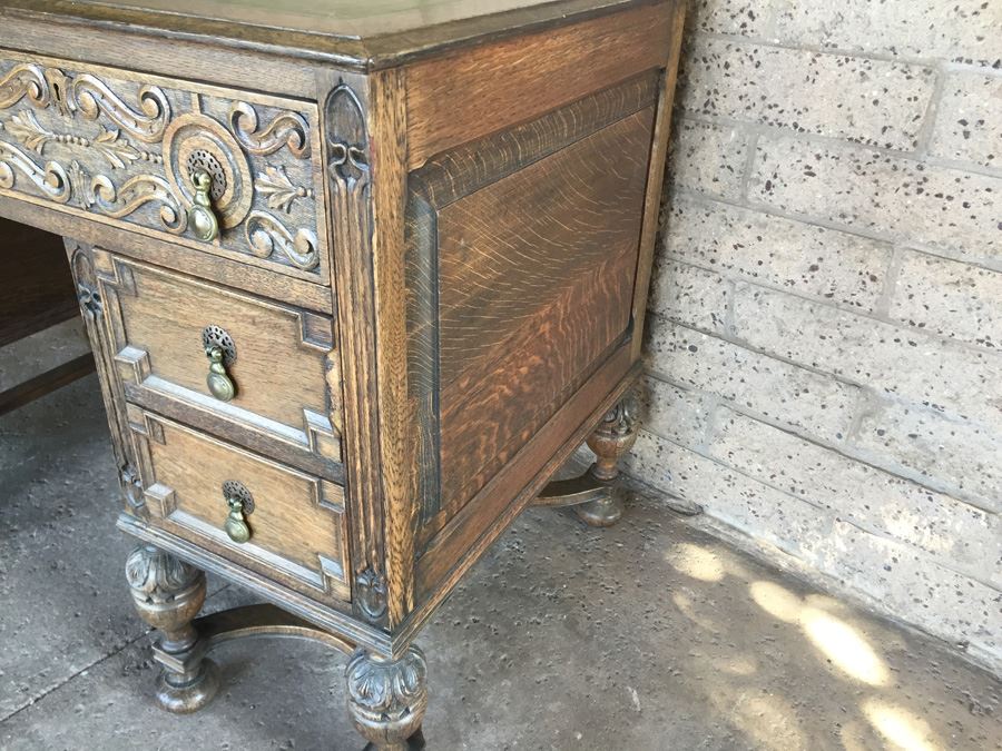 Antique Carved Wood Leather Top Desk With Brass Pulls [Photo 6]