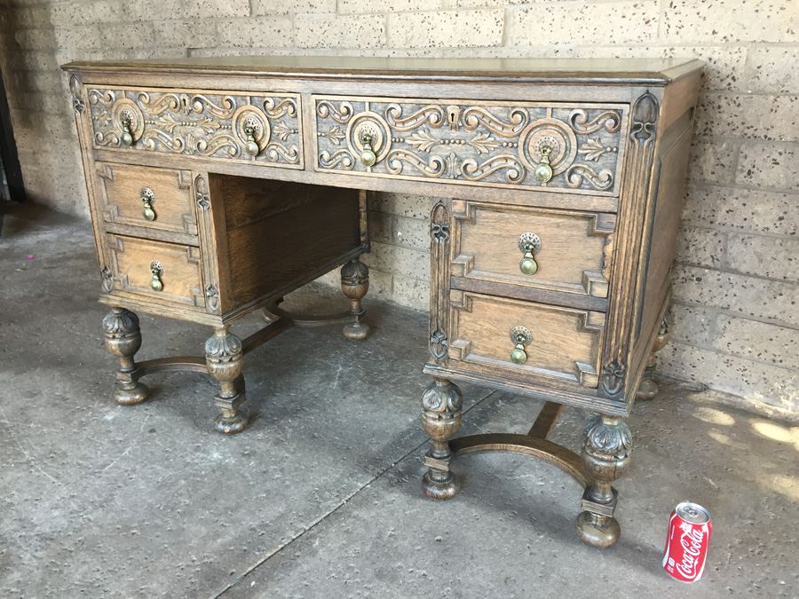 Antique Carved Wood Leather Top Desk With Brass Pulls [Photo 5]