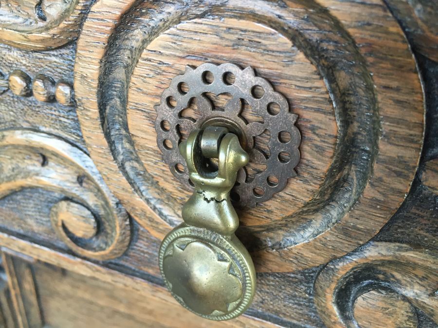 Antique Carved Wood Leather Top Desk With Brass Pulls [Photo 13]