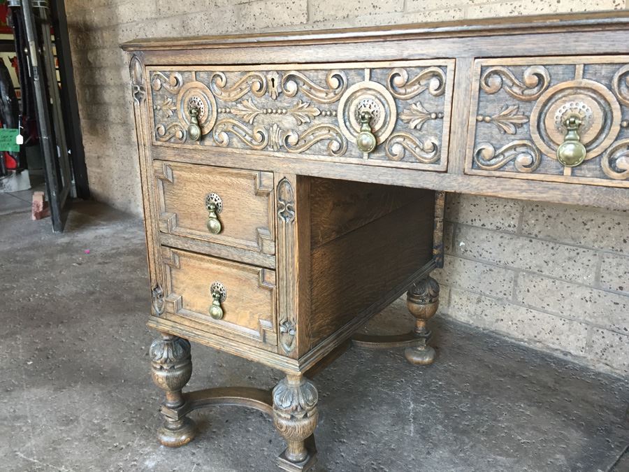 Antique Carved Wood Leather Top Desk With Brass Pulls [Photo 11]
