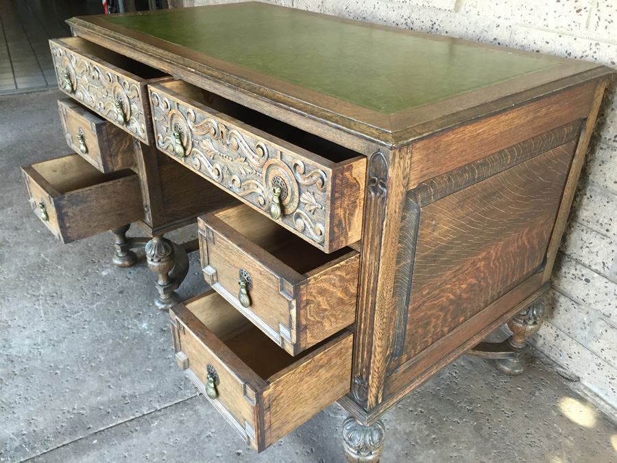Antique Carved Wood Leather Top Desk With Brass Pulls [Photo 3]