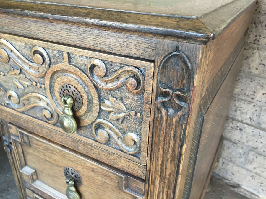 Antique Carved Wood Leather Top Desk With Brass Pulls [Photo 2]