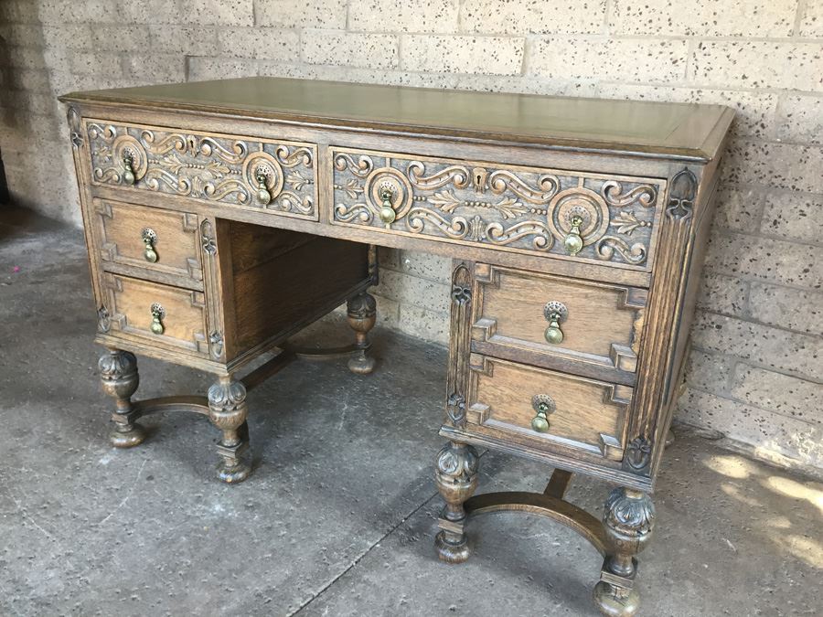 Antique Carved Wood Leather Top Desk With Brass Pulls