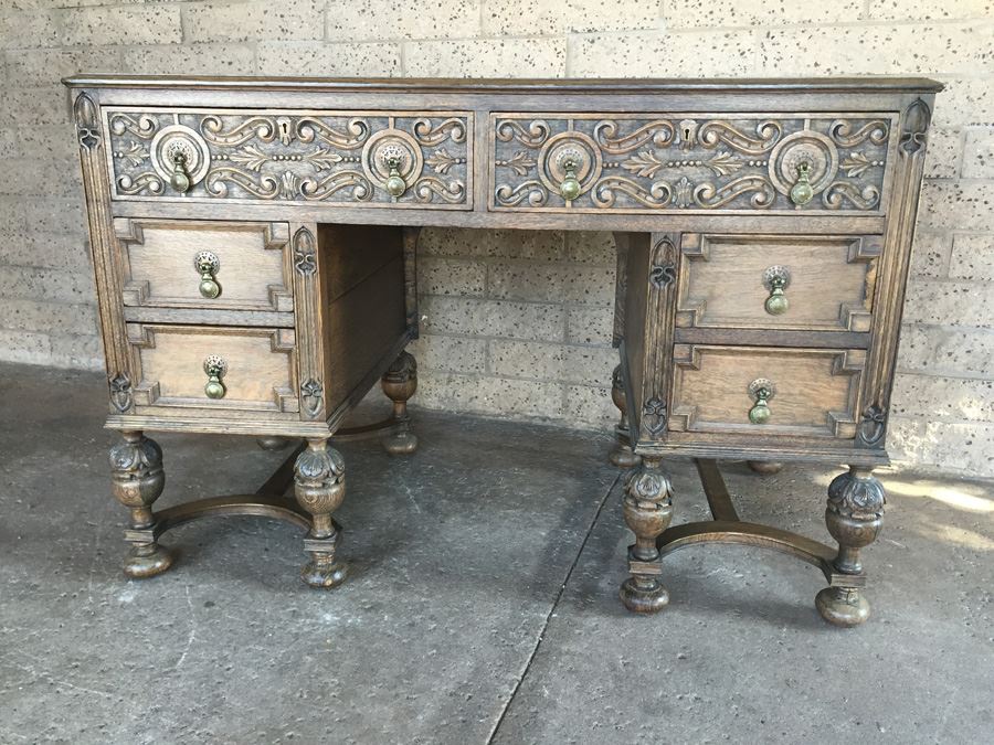 Antique Carved Wood Leather Top Desk With Brass Pulls