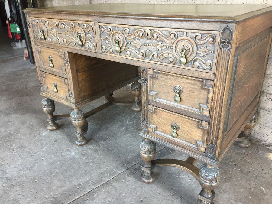 Antique Carved Wood Leather Top Desk With Brass Pulls [Photo 12]