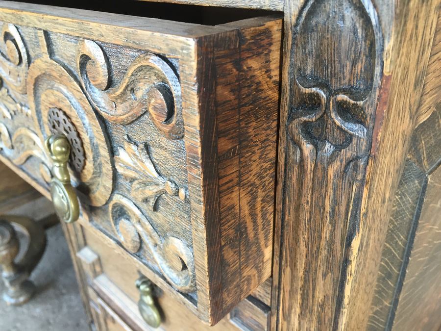 Antique Carved Wood Leather Top Desk With Brass Pulls [Photo 14]
