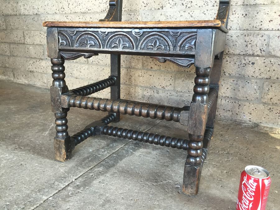 Antique Carved Wood Chair With Turned Legs Signed TF [Photo 10]