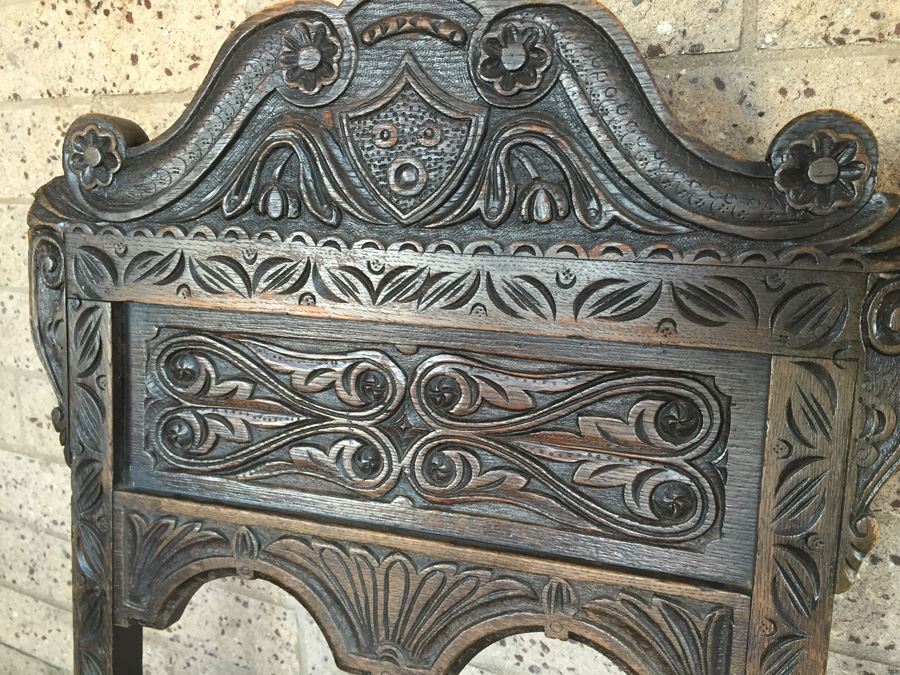 Antique Carved Wood Chair With Turned Legs Signed TF [Photo 7]