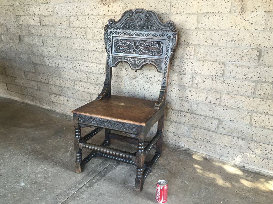 Antique Carved Wood Chair With Turned Legs Signed TF [Photo 1]