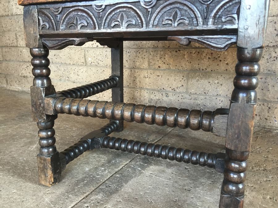 Antique Carved Wood Chair With Turned Legs Signed TF