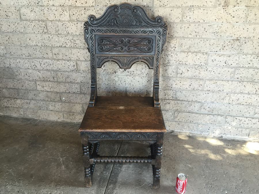 Antique Carved Wood Chair With Turned Legs Signed TF [Photo 4]