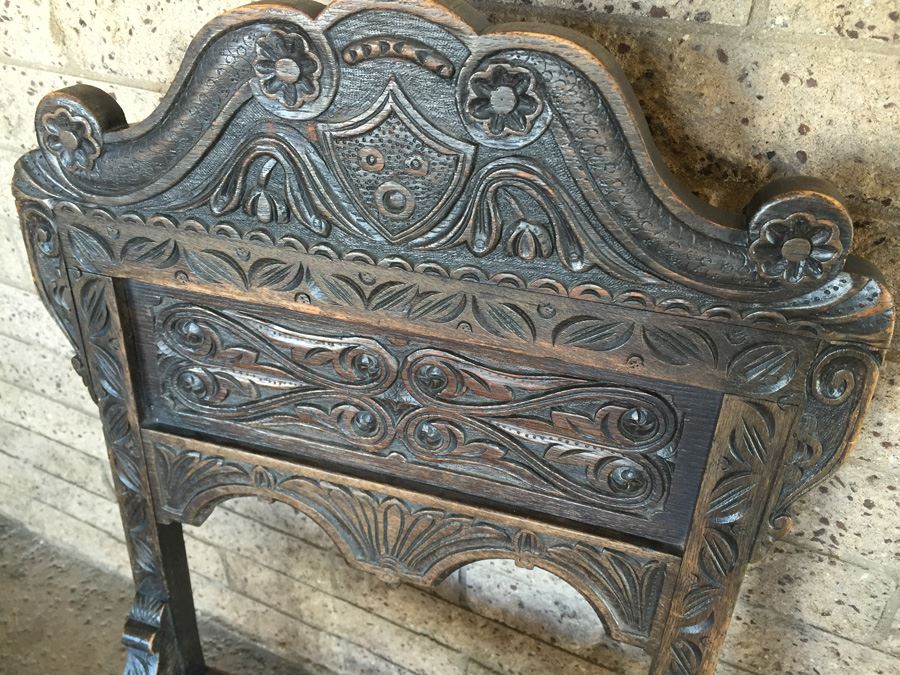 Antique Carved Wood Chair With Turned Legs Signed TF [Photo 2]