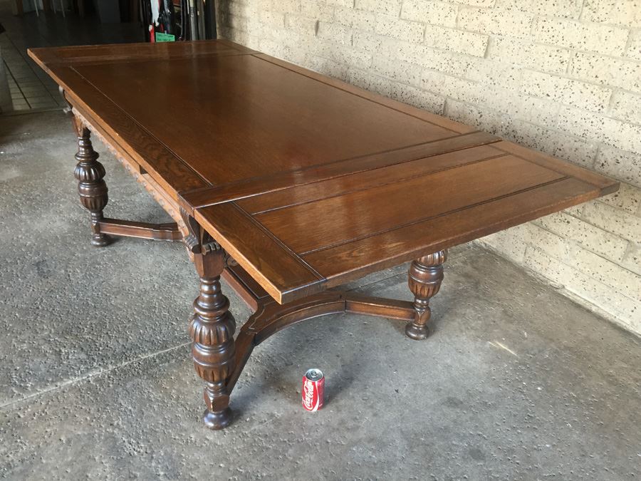 Large Antique Table With Built In Leaves And Six Chairs