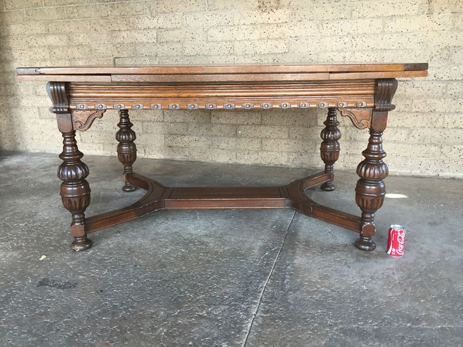 Large Antique Table With Built In Leaves And Six Chairs