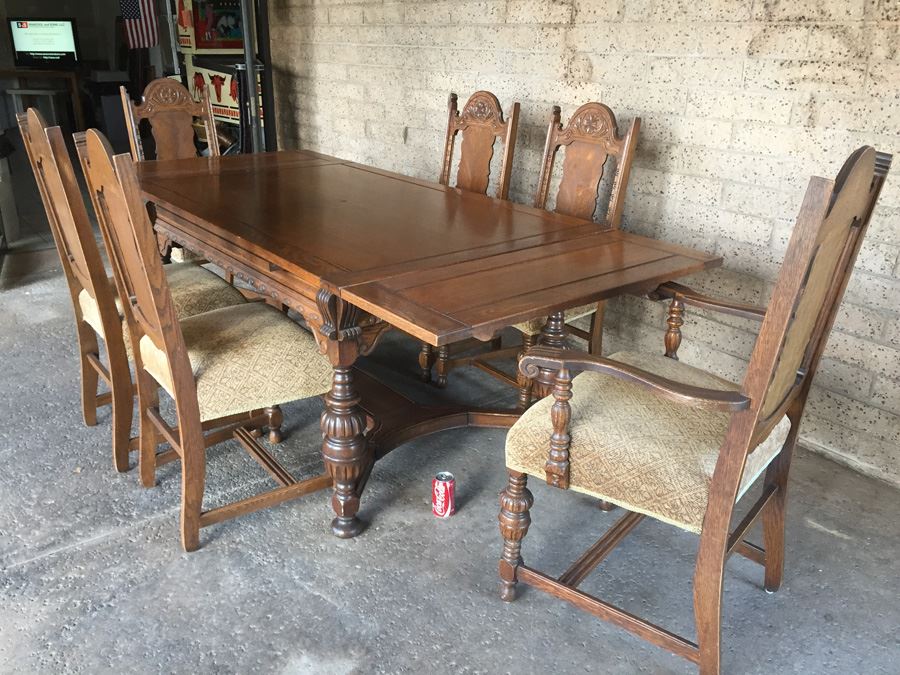 Large Antique Table With Built In Leaves And Six Chairs