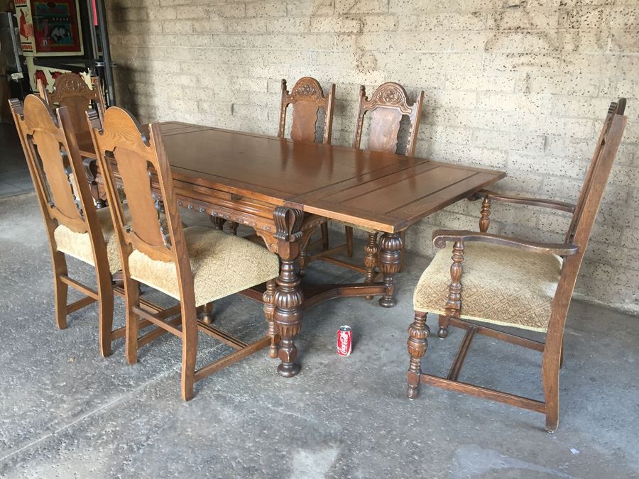 Large Antique Table With Built In Leaves And Six Chairs