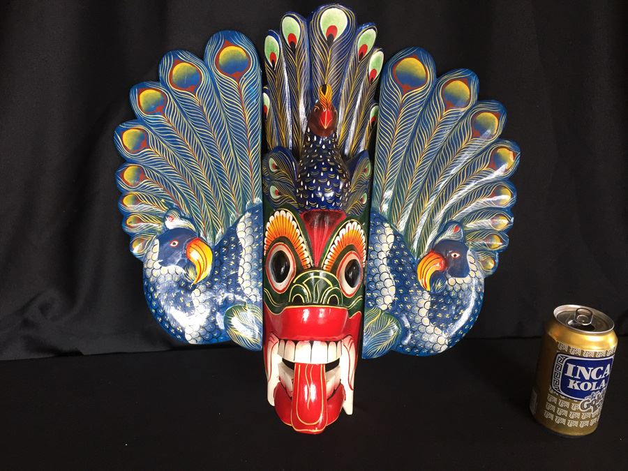 Wooden Carved Hand Painted Peacock Mask