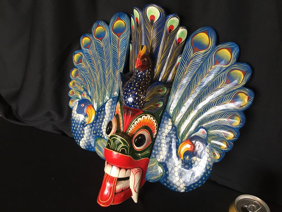 Wooden Carved Hand Painted Peacock Mask [Photo 2]