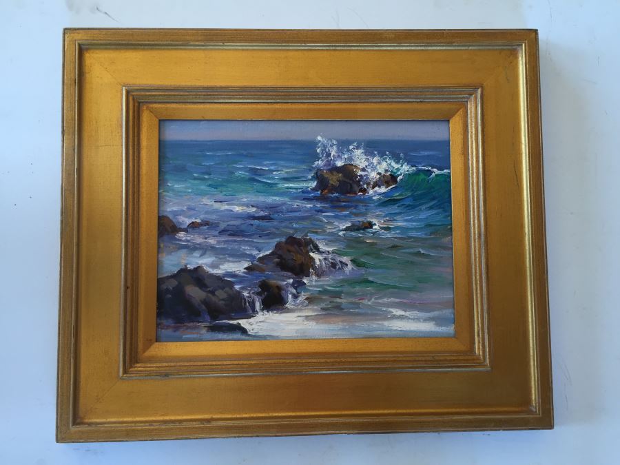 Green Wave Plein Air Ocean Painting Signed