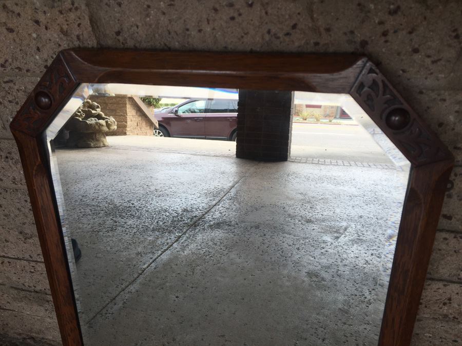 Old Carved Wood Beveled Glass Mirror [Photo 4]