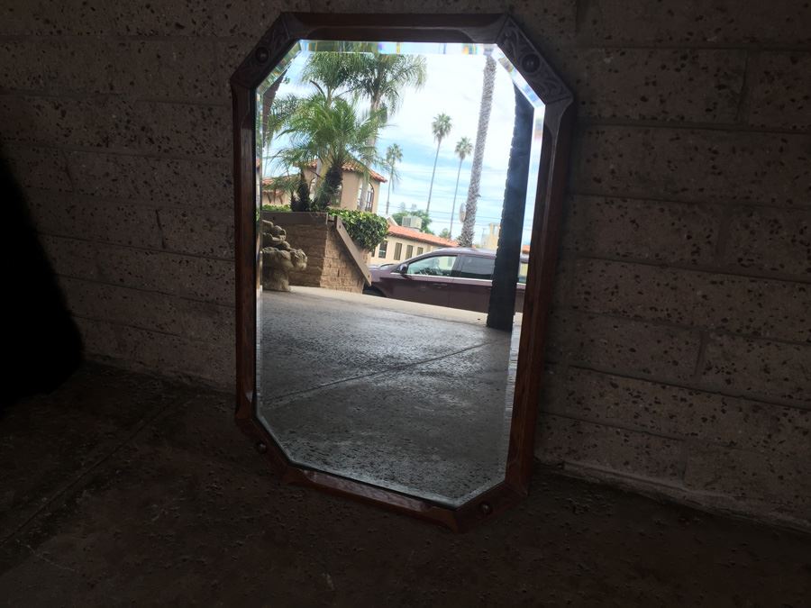 Old Carved Wood Beveled Glass Mirror [Photo 1]