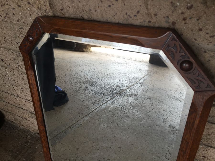 Old Carved Wood Beveled Glass Mirror [Photo 6]