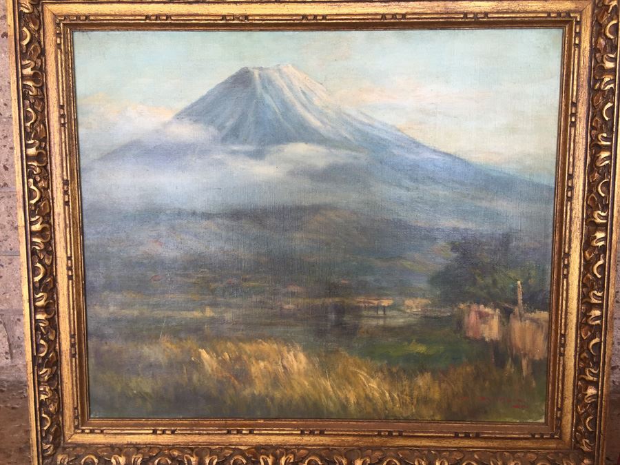 Well Executed Japanese Plein Air Oil Painting Of Mount Fuji Signed And Stamped On Back Signature Illegible