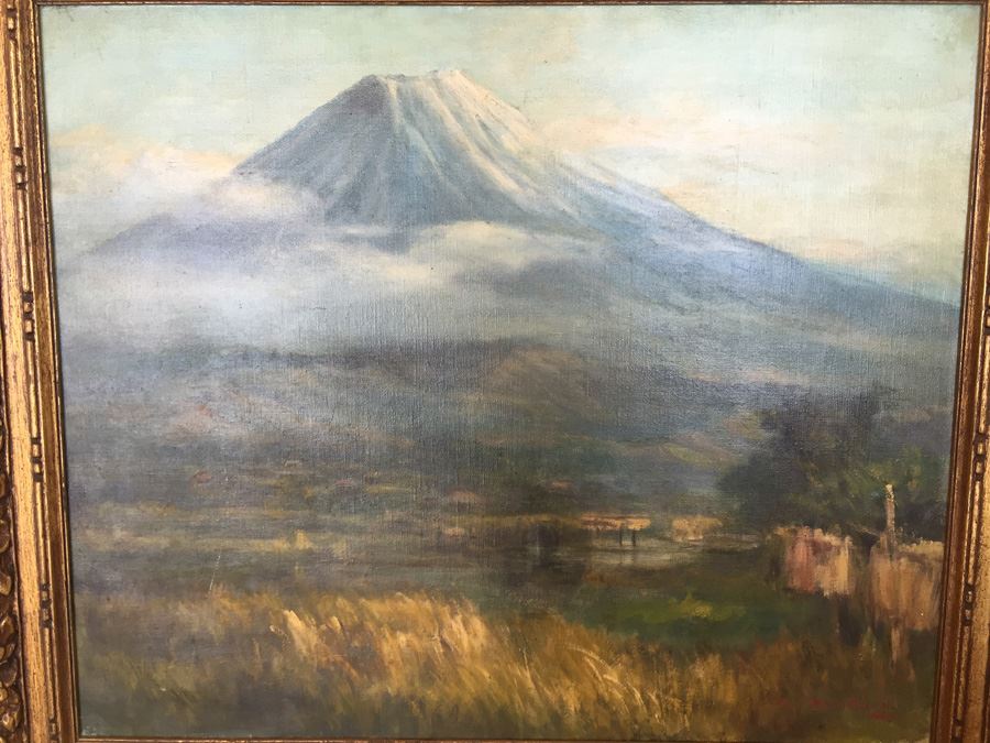 Well Executed Japanese Plein Air Oil Painting Of Mount Fuji Signed And Stamped On Back Signature Illegible [Photo 14]