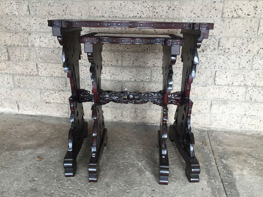 Ornately Carved Wooden Nesting Tables Bamboo Design