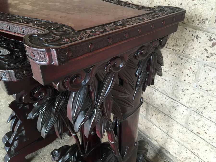 Ornately Carved Wooden Nesting Tables Bamboo Design [Photo 5]