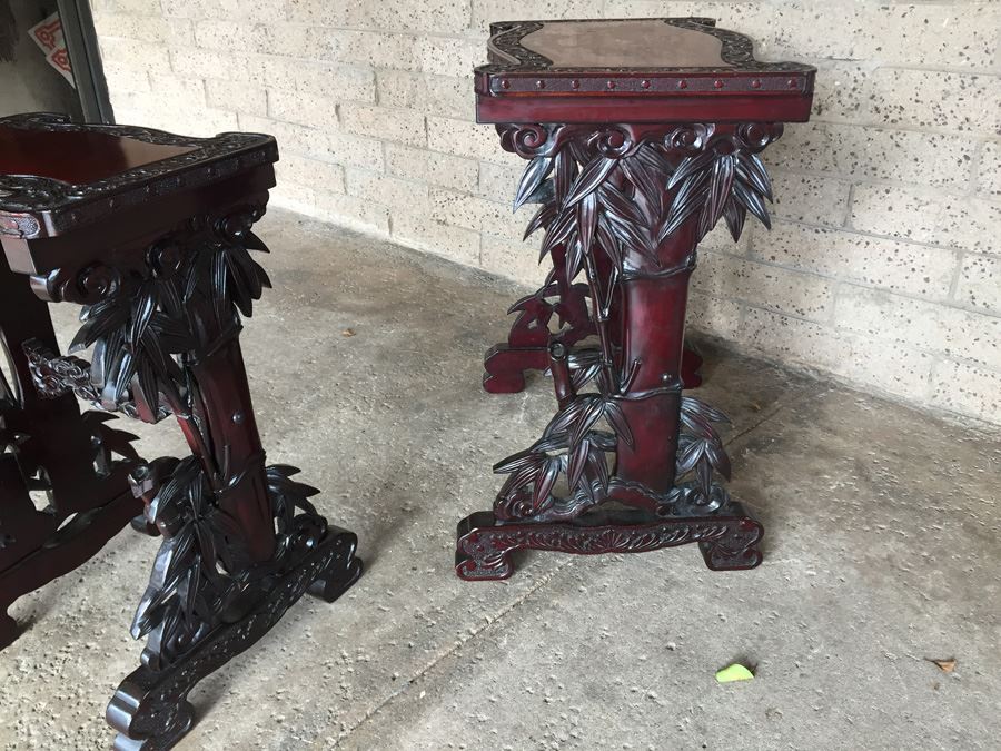 Ornately Carved Wooden Nesting Tables Bamboo Design [Photo 3]
