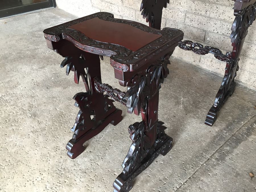 Ornately Carved Wooden Nesting Tables Bamboo Design [Photo 12]