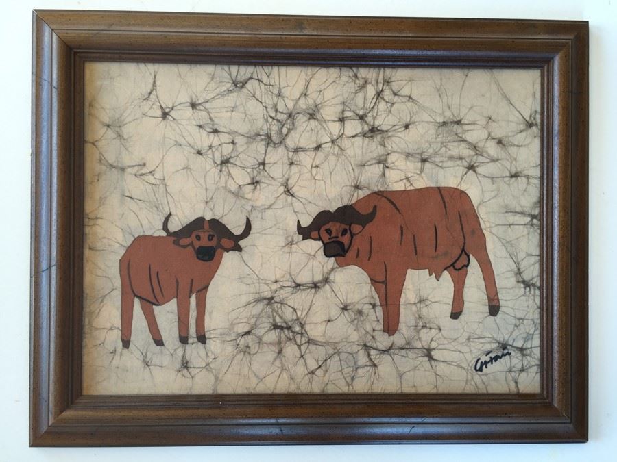 Batik Painting On Fabric Of Bulls Signed [Photo 1]