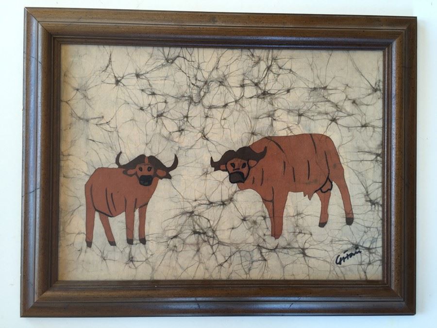 Batik Painting On Fabric Of Bulls Signed [Photo 2]