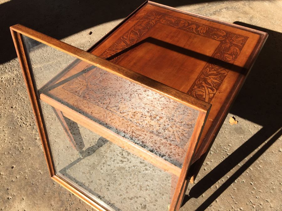 Table On Brass Casters With Removable Glass Top Tooled Leather [Photo 14]