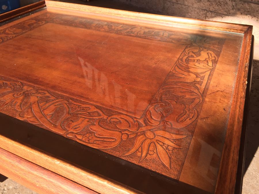 Table On Brass Casters With Removable Glass Top Tooled Leather [Photo 8]