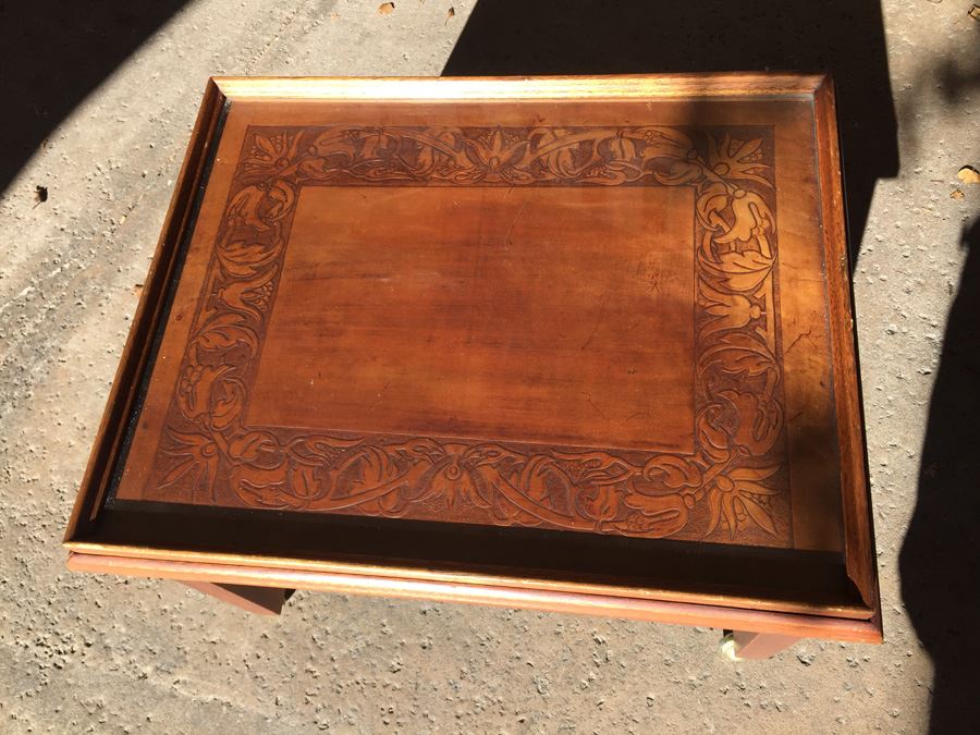 Table On Brass Casters With Removable Glass Top Tooled Leather [Photo 4]