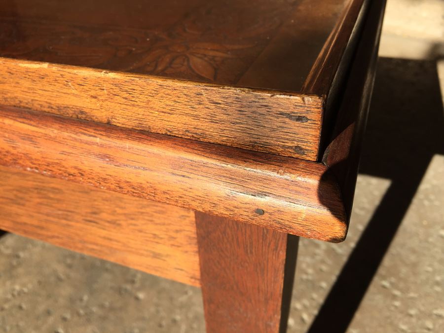 Table On Brass Casters With Removable Glass Top Tooled Leather [Photo 6]