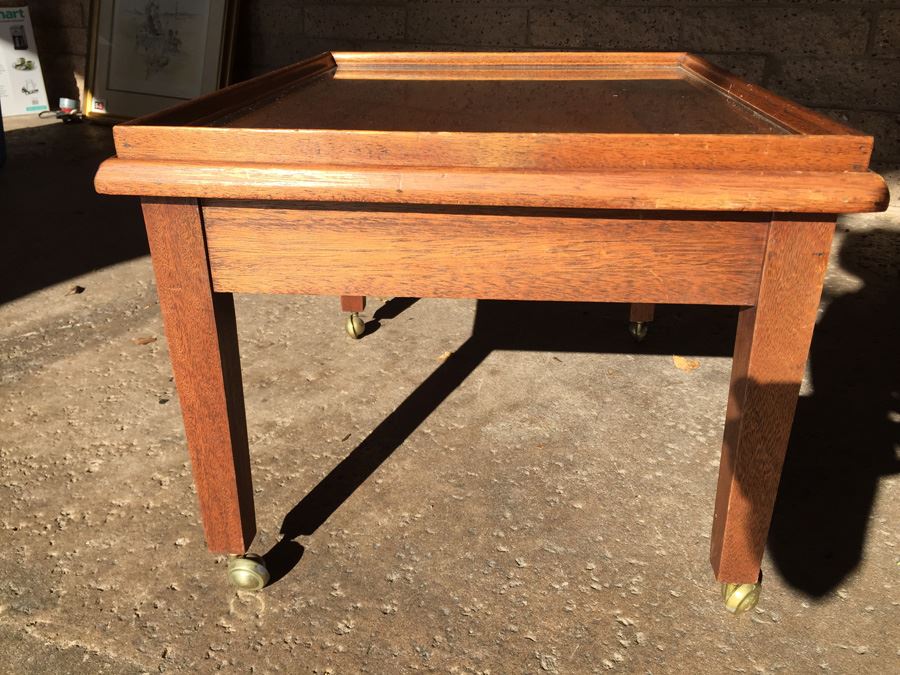 Table On Brass Casters With Removable Glass Top Tooled Leather [Photo 9]