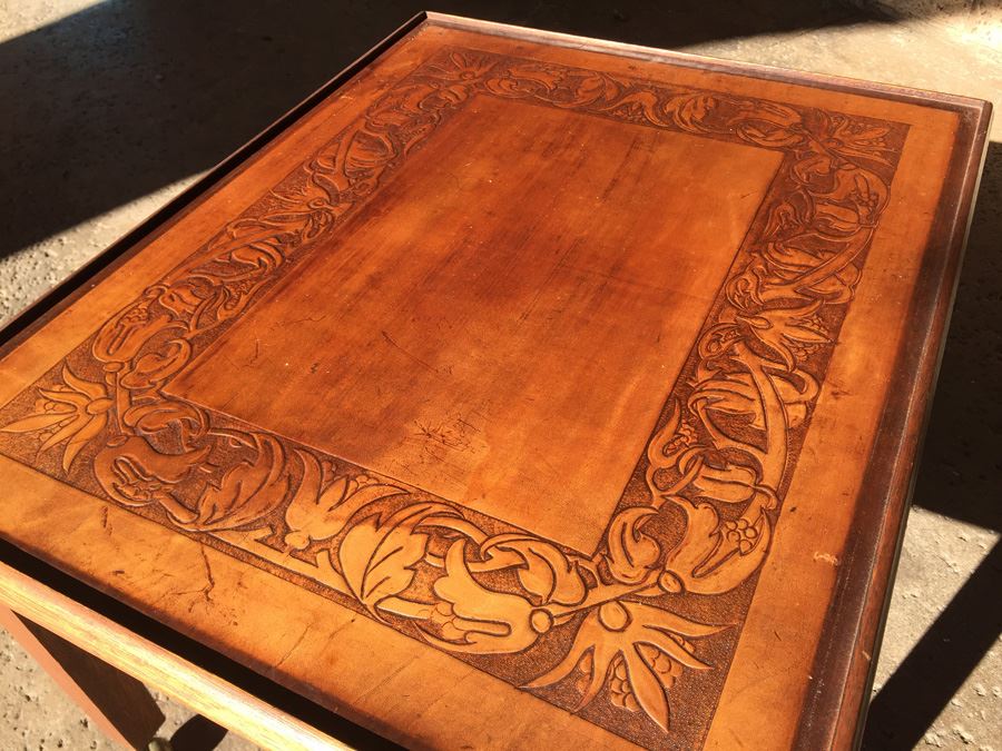 Table On Brass Casters With Removable Glass Top Tooled Leather [Photo 3]