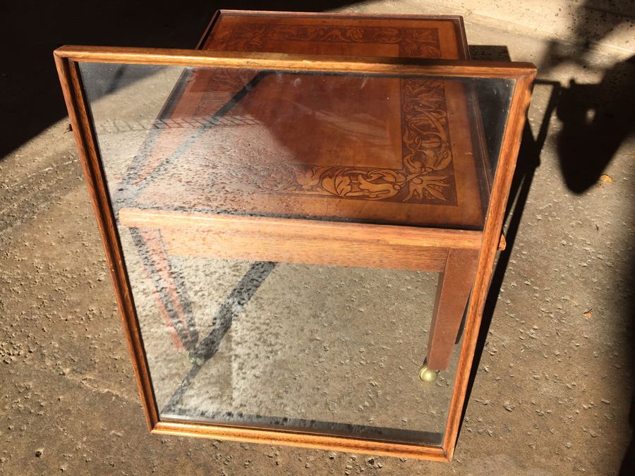 Table On Brass Casters With Removable Glass Top Tooled Leather [Photo 2]