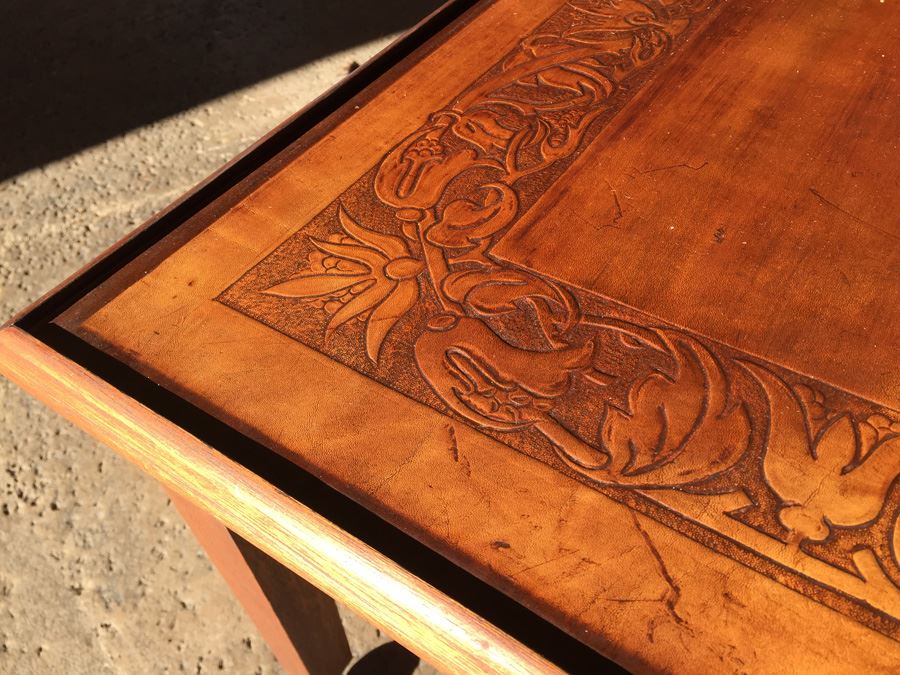 Table On Brass Casters With Removable Glass Top Tooled Leather [Photo 16]