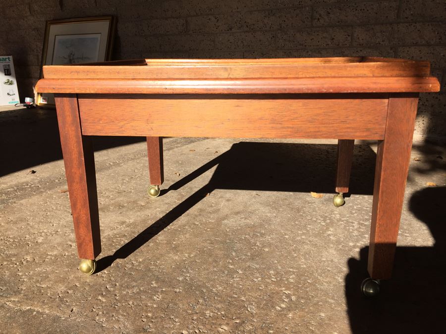 Table On Brass Casters With Removable Glass Top Tooled Leather [Photo 5]