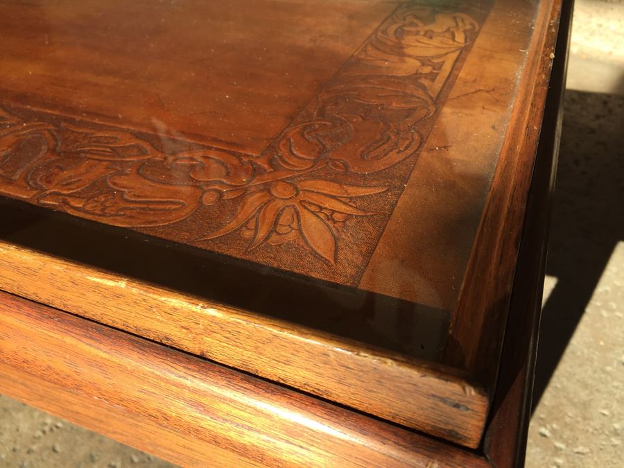 Table On Brass Casters With Removable Glass Top Tooled Leather [Photo 7]